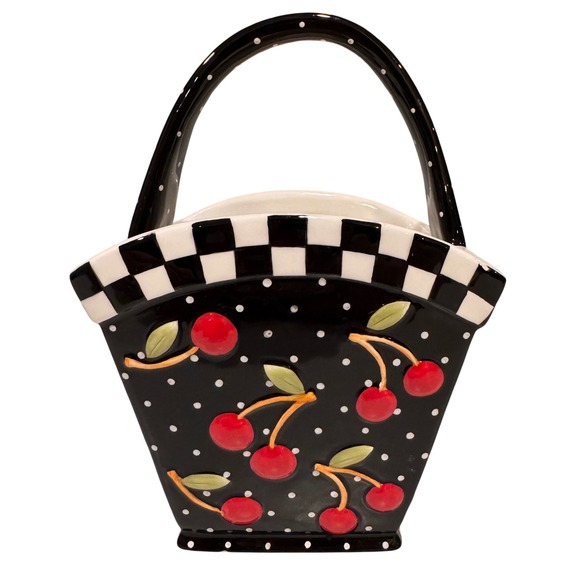 Mary Engelbreit Other - Mary Engelbreit Cherry Polka Dot Checkered Ceramic Basket Planter Decor 2000